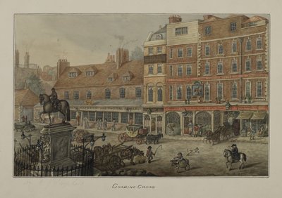 Veduta di Charing Cross con veicoli trainati da cavalli, figure e la taverna e caffetteria Dublin Hotel, 1807 da George Shepherd
